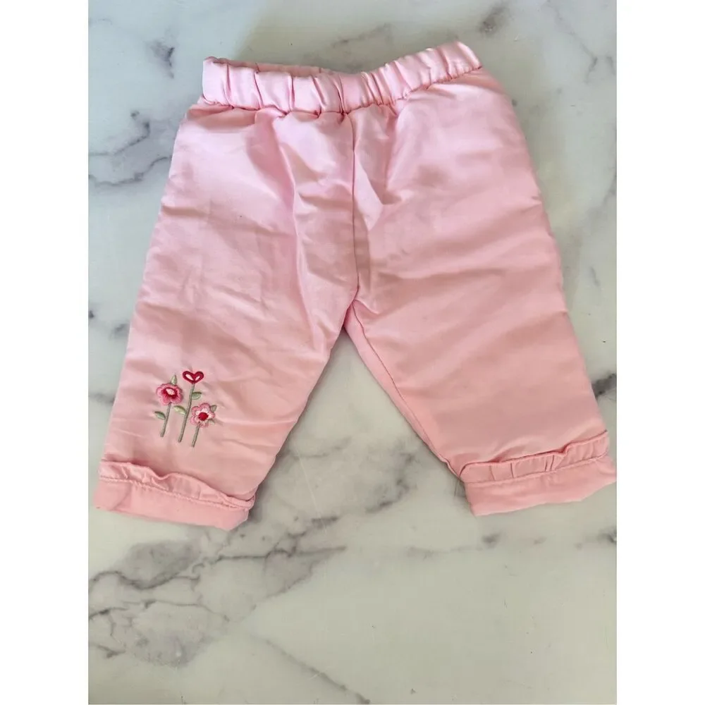 Baby girl cozy puffer pants 0-3 month light pink floral daisy embroidery lined